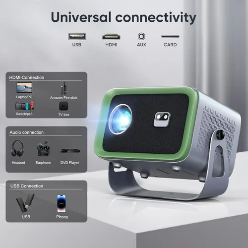 Vista 8 de 【Enfoque automático/Keystone】Proyector 4K con WiFi y Bluetooth, proyector de película giratorio de 360°, proyector portátil con 200 ANSI, proyector