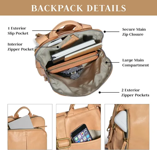 Vista 3 de American Leather Co. Cleveland - Mochila mediana para mujer, color beige, 100% piel auténtica, elegante mochila de tamaño mediano con detalles