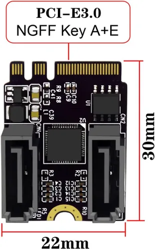 Vista 2 de Cablecc NGFF clave A+E PCI Express a SATA 3.0 6Gbps adaptador de doble puerto convertidor tarjeta de extensión de disco duro JMB582 2230