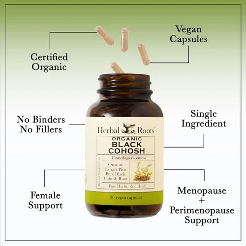 Vista 4 de Herbal Roots Raíz de cohosh negro orgánico Extra fuerte Menopausia y apoyo menstrual para mujeres 90 cápsulas, vegano