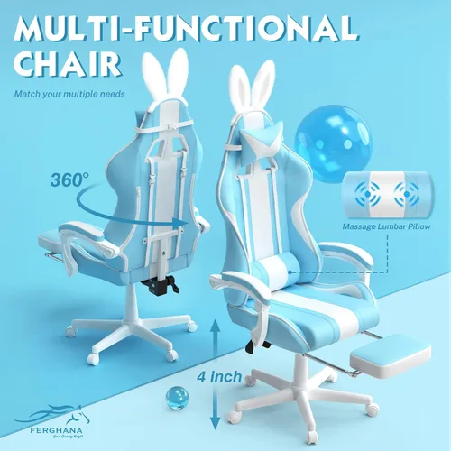 Vista 6 de Ferghana - Silla de juego Kawaii en azul claro con orejas de conejo, silla Gamer ergonómica y linda con reposapiés y masaje, silla de juego