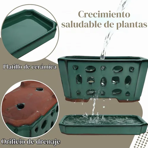 Vista 4 de Pumtus Maceta de cerámica para orquídeas con platillo y agujeros, maceta rectangular grande con guantes y 3 palas, maceta decorativa esmaltada
