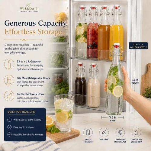 Vista 6 de Botellas de vidrio con tapa abatible [1 litro / 33 onzas líquidas] [Paquete de 4] - Botellas de coquito con tapa abatible para kombucha