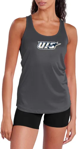 Vista 213 de Camiseta deportiva sin mangas oficial de NCAA Collegiate para mujer, con espalda cruzada, colección con logotipo primario
