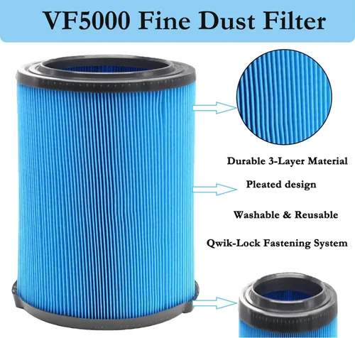 Vista 4 de VF5000 - Filtro de vacío plisado de 3 capas compatible con aspiradoras Ridgid Shop Vac de 6 a 20 galones, filtro de repuesto de polvo fino