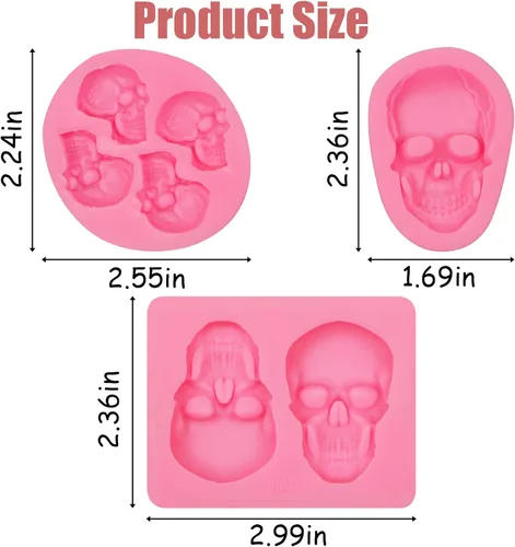Vista 2 de Moldes de silicona 3D de calavera de esqueleto para Halloween, 3 piezas, para fiesta de Halloween, chocolate, caramelo, arcilla para decoración