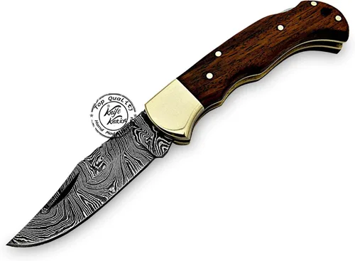 Vista 2 de Cuchillo de bolsillo de damasco hecho a mano de madera de rosa, plegable, cuchillo de caza, cuchillos plegables para hombres con mango de madera