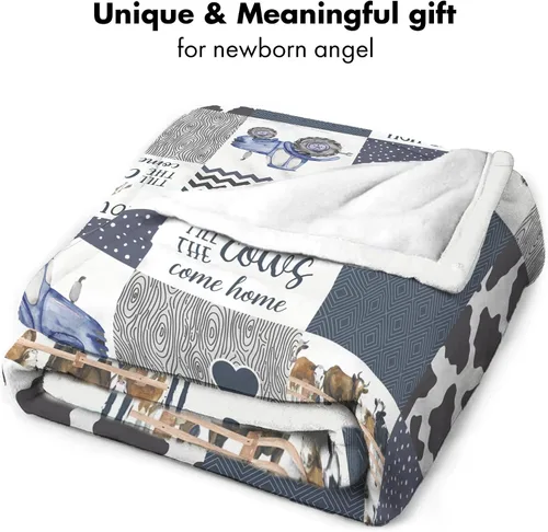 Vista 7 de Manta de bebé personalizada con estampado de vaca, manta de sherpa azul con nombre, diseño de animales de granja