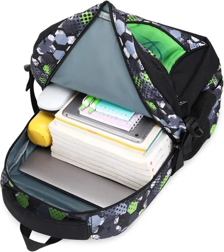 Vista 3 de BYPTNF Mochila para niño, estudiante, niño, impermeable, duradera, elemental, casual, media, verde (E-green), Computadora portátil