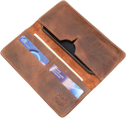 Vista 2 de Hide & Drink, Cartera para teléfono celular hecha a mano de cuero de grano completo, Bourbon Marrón, Cartera de viaje
