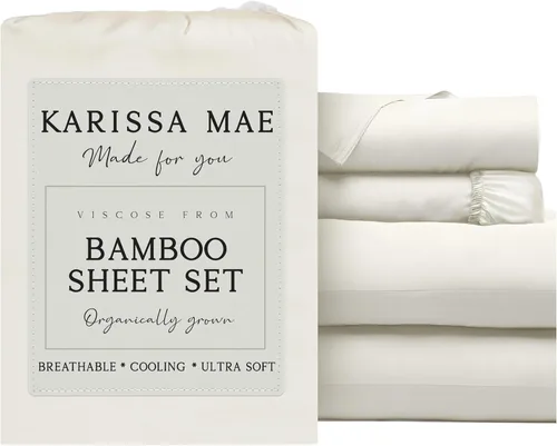 Vista 34 de KARISSA MAE Juego de sábanas de viscosa de bambú de lujo, 100% certificado FSC, refrescante, lujosamente suave, bolsillos profundos de 18 pulgadas