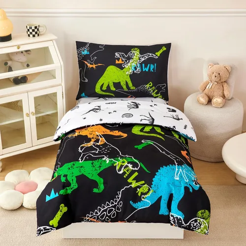 Vista 24 de PERFEMET Juego de cama de 4 piezas para niños pequeños con edredón de autos para niños, reversible, ligero, vehículos azules, juego de cama