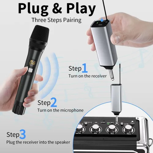 Vista 7 de Micrófono inalámbrico, sistema de micrófono dinámico inalámbrico de metal dual UHF de mano con receptor recargable, rango de 200 pies, para karaoke