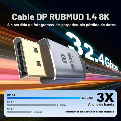 Vista 4 de Cable DisplayPort 8K 4K 1.4, cable DP de 6 pies 32.4Gbps, 8K@60Hz, 4K@144Hz, 2K@240Hz, HDR10, HDCP2.2, DSC 1.2a, cable de puerto de visualización