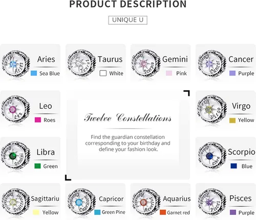 Vista 3 de Dijes de piedra natal para pulsera Pandora de plata de ley 925, astrología, constelación, horóscopo para mujer, regalo de cumpleaños
