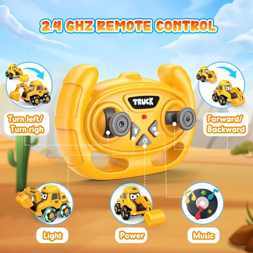 Vista 5 de Excavadora de control remoto para niños pequeños con ruedas iluminadas intermitentes, camión de construcción recargable por USB con cubo