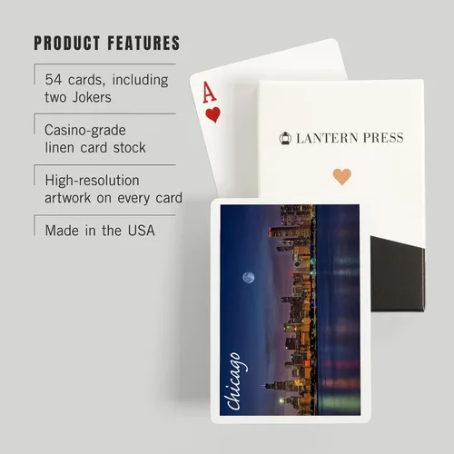 Vista 3 de Lantern Press Chicago, Illinois, Skyline por la noche (52 cartas de juego, baraja de cartas de tamaño póquer con comodines)