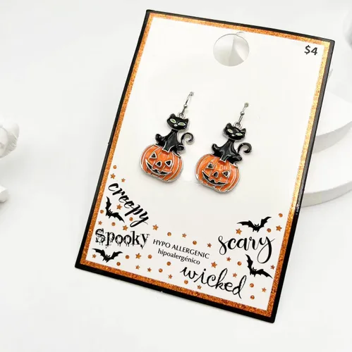 Vista 7 de Aretes de calabaza de Halloween para mujer, aretes colgantes de calabaza de cristal rojo, gato negro, calabaza roja, aretes de calabaza de Acción