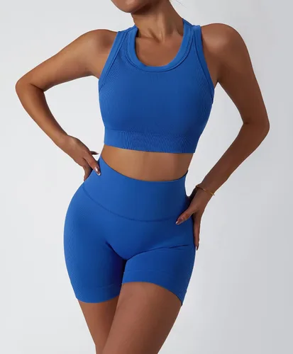 Vista 54 de Conjuntos de entrenamiento para mujer, 2 piezas, sin costuras, acanalada, sin mangas, brasier deportivo, cintura alta, pantalones cortos