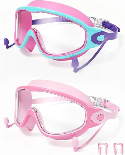 Vista 11 de Gafas de natación para niños de 3 a 15 años con tapones para los oídos, marco grande, gafas de natación antivaho/UV para niños, niñas y bebés, 2