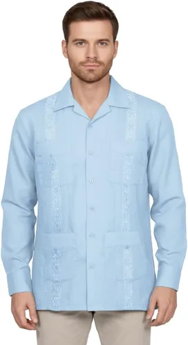 Vista 20 de NE PEOPLE Camisa de manga larga bordada con botones de guayabera cubana para hombre (S-4XL)