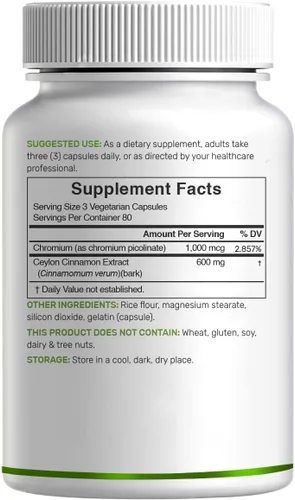Vista 3 de Canela de Ceilán con Cromo 1000mcg, 240 Cápsulas Extracto de corteza interna activa, verdadera fuente de Sri Lanka Suplementos naturales