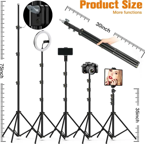 Vista 6 de Anillo de luz de 22 pulgadas con soporte, trípode de luz de anillo para iPhone iPad, con trípode de 75 pulgadas, pantalla LCD, 4 clips para iPad, 2