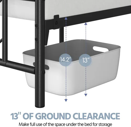 Vista 9 de YAHETECH - Base de cama metálica con cabecera y estribo de patrón de diamante, soporte de listones de acero resistente, almacenamiento debajo