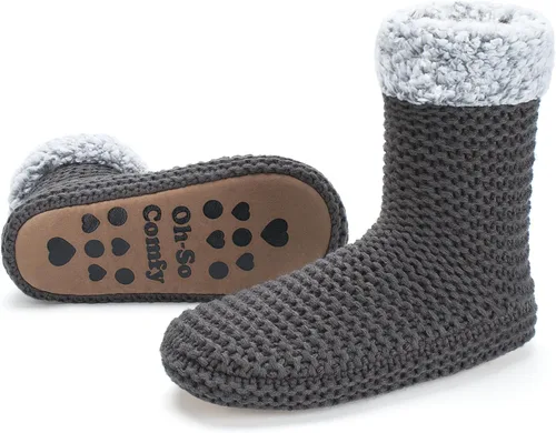 Vista 4 de cosyone1997 Pantuflas de punto grueso para mujer para interiores, con forro polar sherpa, botas suaves sin cordones, cálidas y mullidas