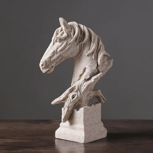Vista 9 de Adorno retro de cabeza de caballo pequeña de arte creativo, adornos de estatua de resina, esculturas de estilo abstracto, decoraciones de sala