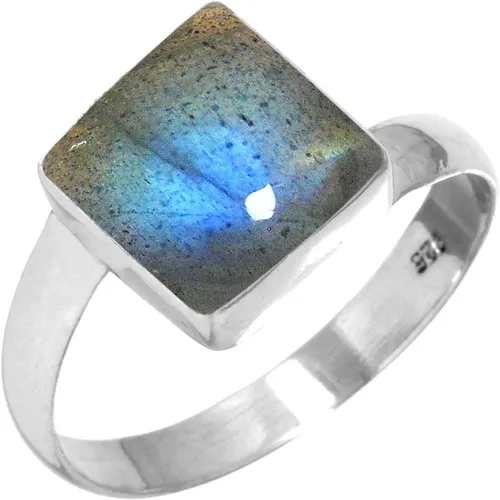 Vista 9 de Boho - Anillo de plata de ley 925 hecha a mano con piedras preciosas naturales, lapislázuli, granate, turquesa y cuadrado Ámbar