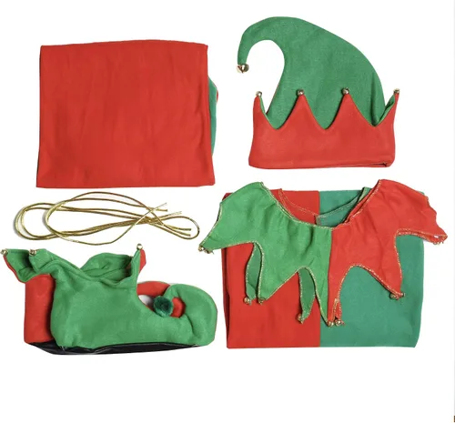 Vista 6 de EraSpooky Disfraz de elfo de Navidad unisex para adultos, conjunto completo, Rojo