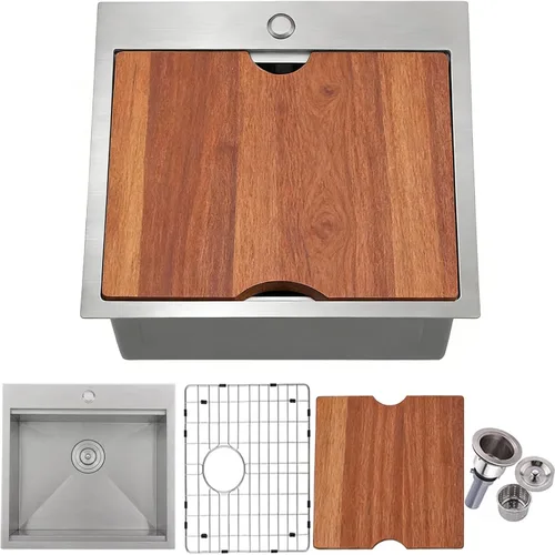 Vista 10 de Fregadero de Barra Negro Empotrable de 15x15 Pulgadas - Fregadero de Cocina Cuadrado Pequeño de Acero Inoxidable de Montaje Superior para Estación