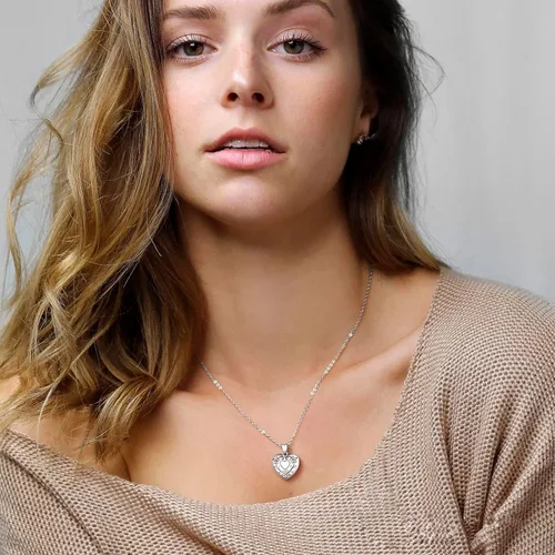Vista 3 de ChicSilver Collar con medallón de flores grabadas de plata de ley 925 para mujeres que sostienen imágenes, medallón personalizado con imagen, cadena