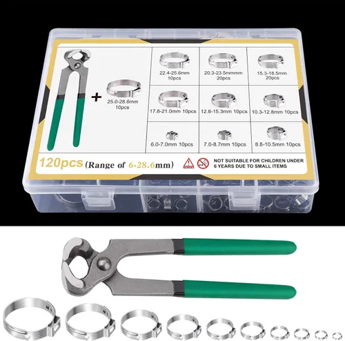 Vista 7 de MIAHART 120 abrazaderas de manguera de oreja de acero inoxidable con pinza de oreja de 10 tamaños 304 abrazaderas de crimpado continuas