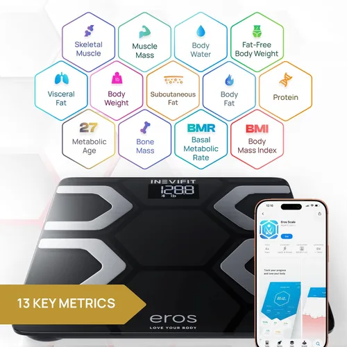 Vista 2 de INEVIFIT EROS Báscula de grasa corporal Bluetooth inteligente BMI altamente preciso analizador digital de composición corporal para baño