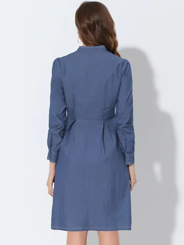 Vista 4 de Allegra K Vestido de cambray de manga larga plisado con cuello en V para mujer, M