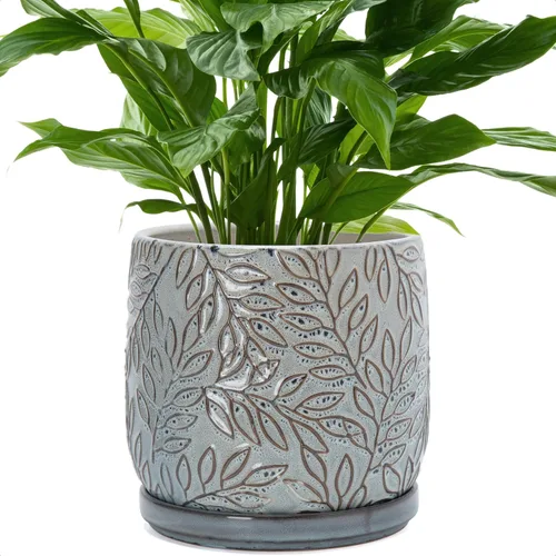 Vista 10 de D'vine Dev Maceta de gres con hojas en relieve de 4 pulgadas con orificio de drenaje y platillo, azul grafito, 27-A-Z-9 Nature-Inspired Leaf