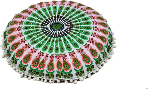 Vista 22 de CRAFT KALA Funda de cojín de 22 pulgadas para meditación, diseño de mandala, funda para puf, asiento redondo, mandala bohemio, de algodón