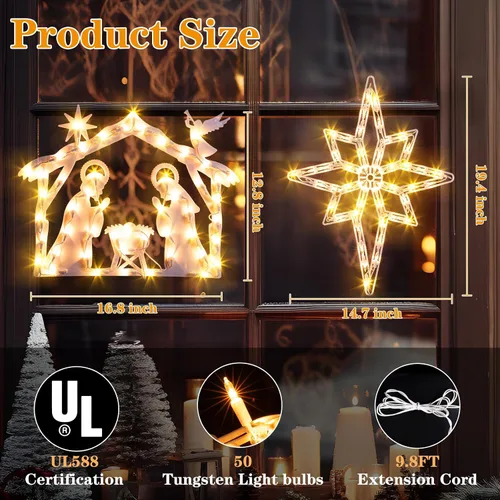 Vista 6 de Marchpower Paquete de 2 luces de silueta de ventana de Navidad, Belén iluminadas y estrella de Belén para decoración de ventanas, luces de ventana