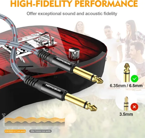 Vista 2 de HOSONGIN Paquete de 2 cables de guitarra de 3.3 pies a 1/4 de pulgada para instrumentos eléctricos, cable AMP para guitarra eléctrica, bajo