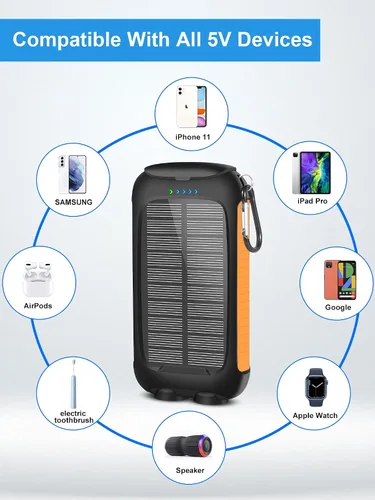 Vista 4 de Cargador solar de 38800 mAh, impermeable, portátil, con linterna LED, batería externa de carga rápida USB C, compatible con exteriores, campamento
