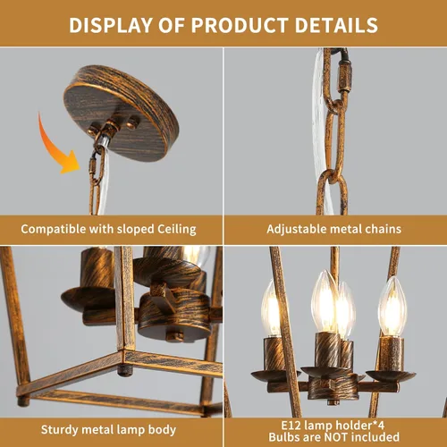 Vista 8 de Lámparas de Linterna Rústicas de Araña de 4 Luces, Lámparas Colgantes de Techo de Jaula en Negro y Oro, Lámparas Colgantes para Isla de Cocina