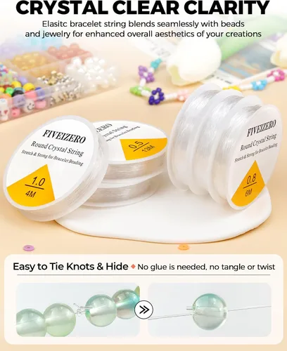 Vista 2 de 6 Rollos FIVEIZERO Cordón Elástico para Pulseras, 0.4mm, 0.5mm, 0.6mm, 0.7mm, 0.8mm, 1mm Hilo Elástico Transparente de Cristal para Pulseras