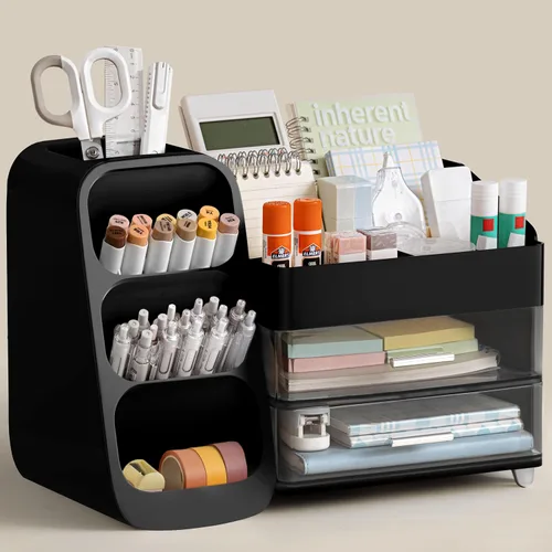 Vista 9 de HBlife Organizador de escritorio con soporte para lápices para escritorio, organizador de bolígrafos con 2 cajones, organizadores de escritorio