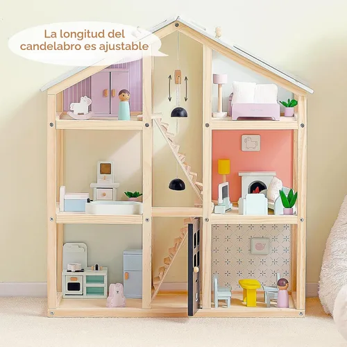 Vista 3 de Pillowhale - Casa de muñecas de madera de 24 pulgadas con 2 muñecas y 38 Color de la luz