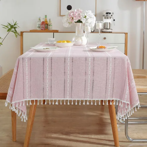 Vista 13 de meioro Mantel rústico, mantel rectangular de algodón texturizado de lino con borla, mantel de tela resistente para granja con bordado de rayas