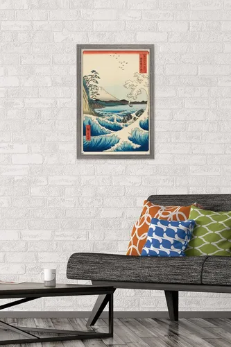 Vista 2 de Trends International Hiroshige - Póster de pared con el mar en Satta, 14.725 x 22.375 pulgadas, versión enmarcada de madera de granero Versión