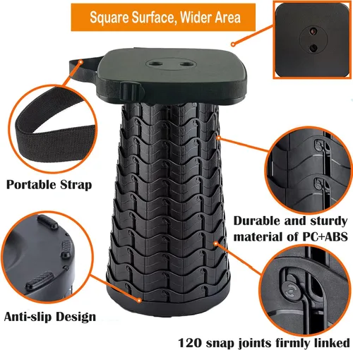 Vista 3 de Taburete plegable para acampar con cojín de asiento y bolsa de nailon, taburete telescópico portátil cuadrado, taburete plegable ligero y resistente
