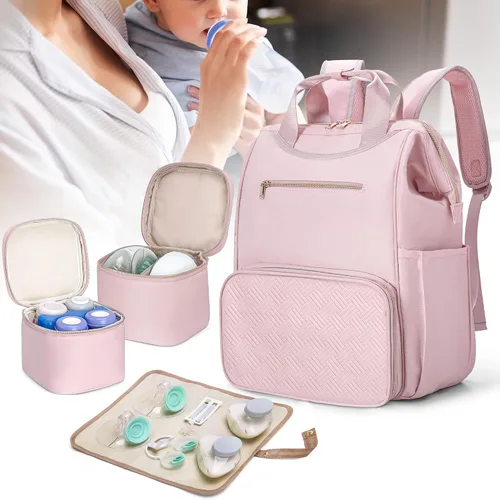 Vista 2 de Fasrom Mochila portátil para sacaleches con enfriador y bolsa de mano, compatible con bombas manos libres Momcozy Medela y Elvie, color rosa